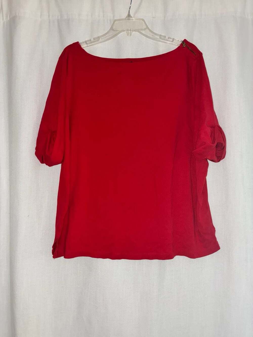 Lauren Ralph Lauren Red 100% Cotton Boat Neck Top with Shoulder Zipper Plus Size